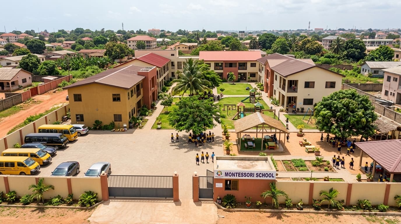 Aerial view of a school campus in Ghana, gate, courtyard, and school buses